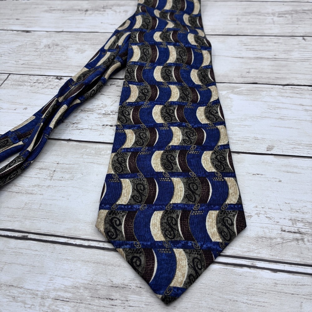 PAVIA Mens Silk Necktie Made In Italy Blue Brown Beige Abstract Pattern Tie